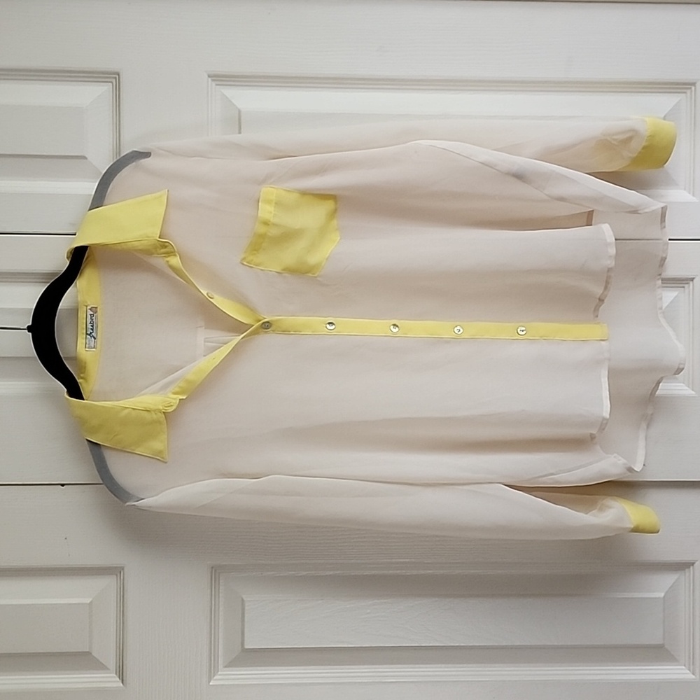 Freebird Sheer Cream Blouse with Yellow Collar